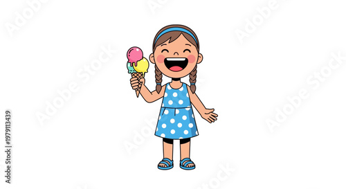 Smiling little girl holding a double scoop ice cream cone cartoon illustration