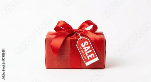 Red gift box with sale tag and ribbon bow