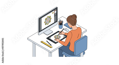 Man working on computer with graphics.