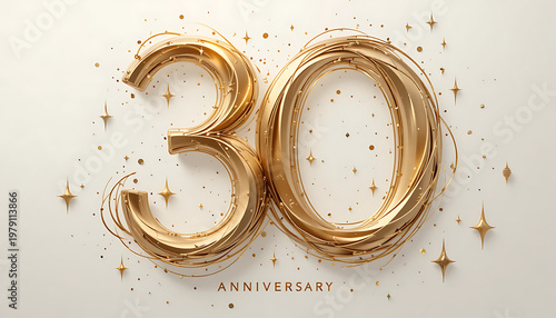 Golden 3d number thirty with swirling lines and stars on beige background for thirtieth anniversary celebration