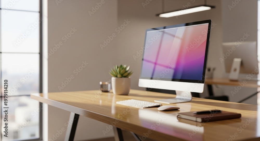 Fototapeta premium Modern minimalist home office setup with a computer, potted plant, and natural light from a large window.