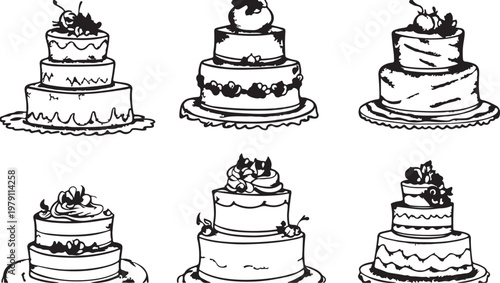 Wedding and birthday cake set illustration featuring sweet bakery desserts, chocolate and cream cakes, cupcakes, and celebration party icons in cute colorful cartoon style