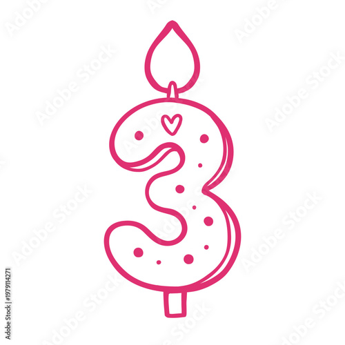 Number three candle cute kawaii line icon