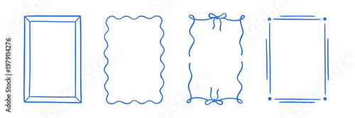 Frame border hand drawn line set. Frame border line hand drawn doodle rectangle vintage wavy bow picture. Cute whimsical decoration scallop squiggly curly wedding invitation. Vector illustration