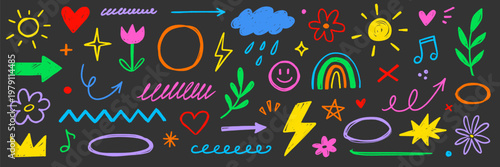 Crayon line icon pastel set. Crayon line icon hand drawn pencil pastel color brush chalk scribble texture. Cute kid children rainbow heart star sun cloud flower baby smile. Vector illustration