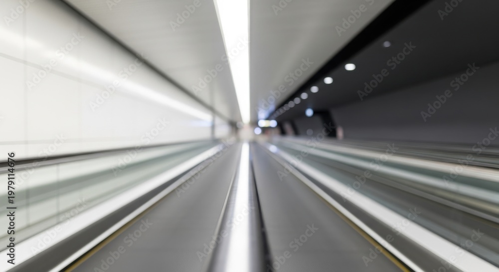 Fototapeta premium Moving walkway in a modern, brightly lit tunnel with a sense of speed and motion.