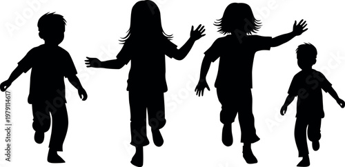 Silhouettes of four children running and playing outdoors