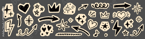 Scrapbook collage sticker element set. Hand drawn paper cut collage with crayon doodle line brush texture. Cute planner craft template design with heart circle arrow star label frame. Vector