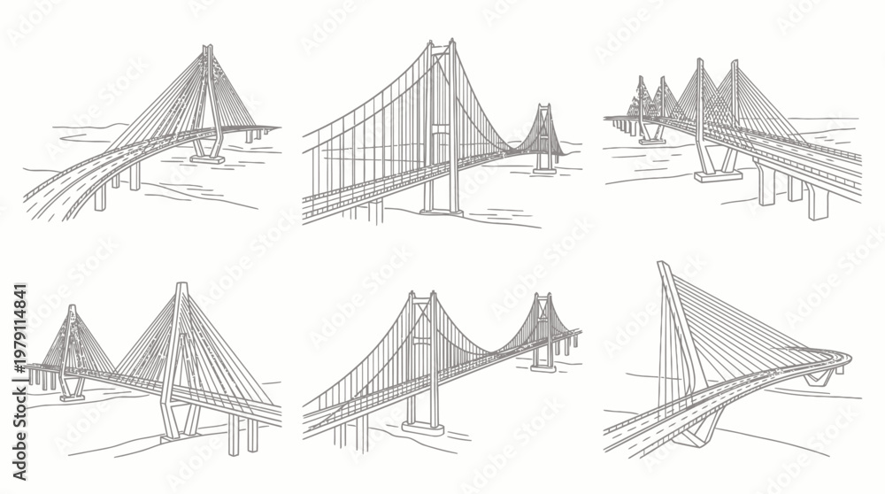 Naklejka premium Collection of hand-drawn cable-stayed bridges in various perspectives.