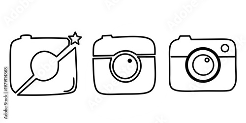 Hand drawn camera icons set. Photography doodle line art illustration. Minimalist camera symbols collection. Sketchy style photo camera icons for creative design. Black and white photography equipment