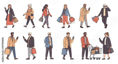 Diverse group of people shopping and using smartphones in casual settings