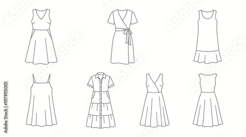 Collection of various womens dresses in outline style, showcasing different fashion designs and silhouettes.