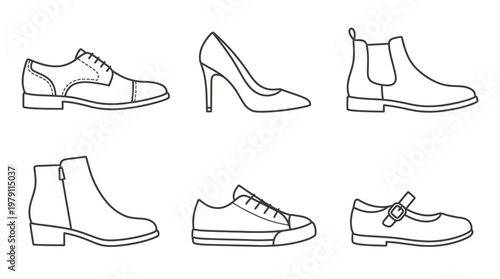 Collection of various shoe types, including formal, casual, and boots, in a clean line art style.