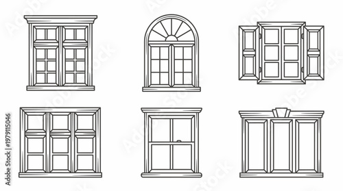 Collection of various window styles in a detailed line art illustration.