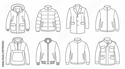 Collection of various mens outerwear jackets in outline style.