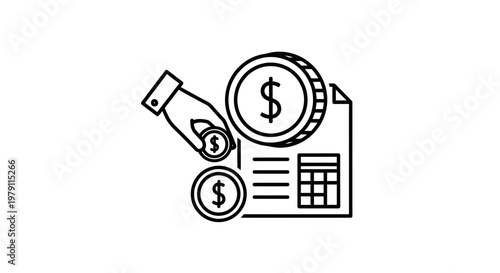 Hand Inserting Coin into Calculator and Ledger, Financial Planning Concept