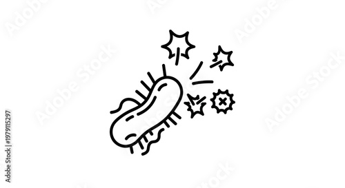 Hand-drawn illustration of a bacterium with radiating energy or protection, symbolizing health and science