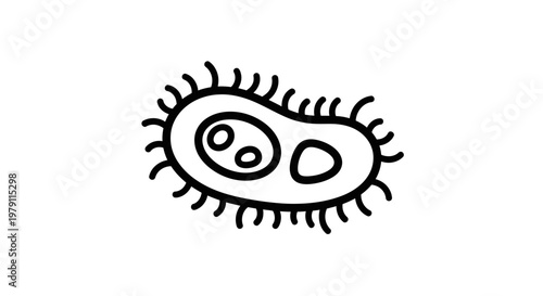 Hand-drawn illustration of a bacterium with flagella, symbolizing microorganisms and science