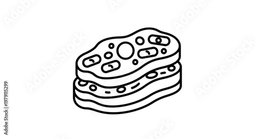 Hand-drawn illustration of a stylized cell with nucleus and organelles, isolated on white background.