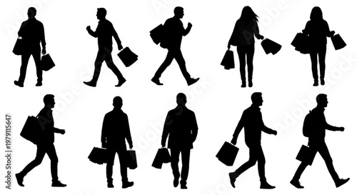 Diverse Silhouettes of People Walking and Carrying Shopping Bags, Representing Consumerism and Urban Lifestyle Graphics