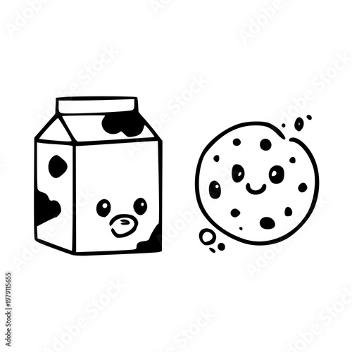 hand drawn kawaii milk box and smiling cookie sketch design