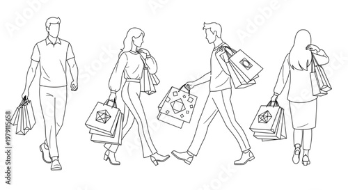 Line art illustration of diverse shoppers enjoying retail therapy, carrying numerous shopping bags after a successful spree