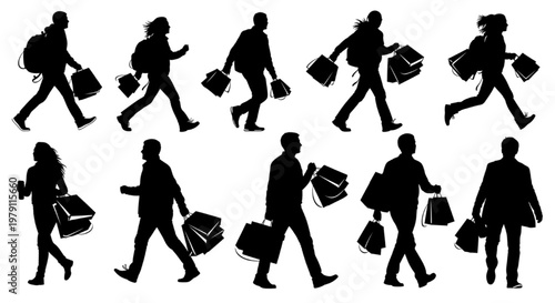 Silhouettes of people walking and carrying shopping bags on a white background