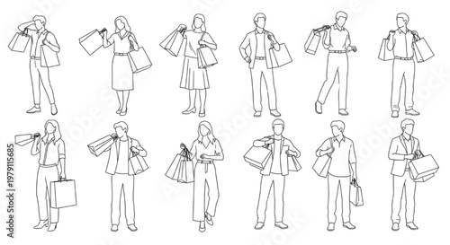 Collection of Line Art Illustrations of People Enjoying Shopping with Bags