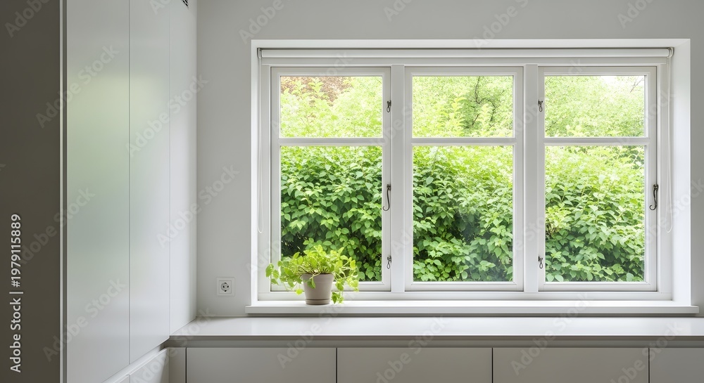 Fototapeta premium Bright White Window with Green Foliage View