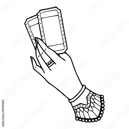 vintage fortune teller hand with esoteric tarot deck sketch