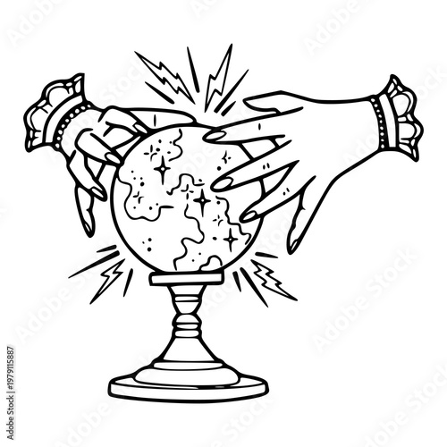 mystical hands with crystal ball globe and magic sparks illustration