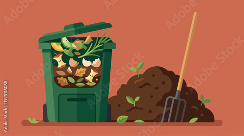 Green compost bin with organic waste.