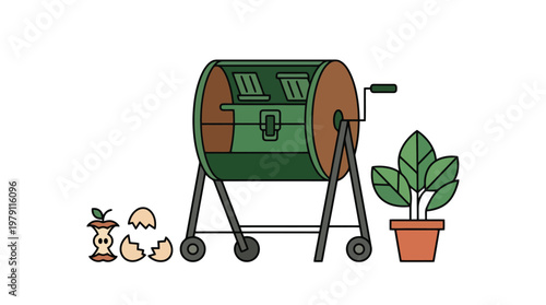 Compost Tumbler with Chicks and Plant.
