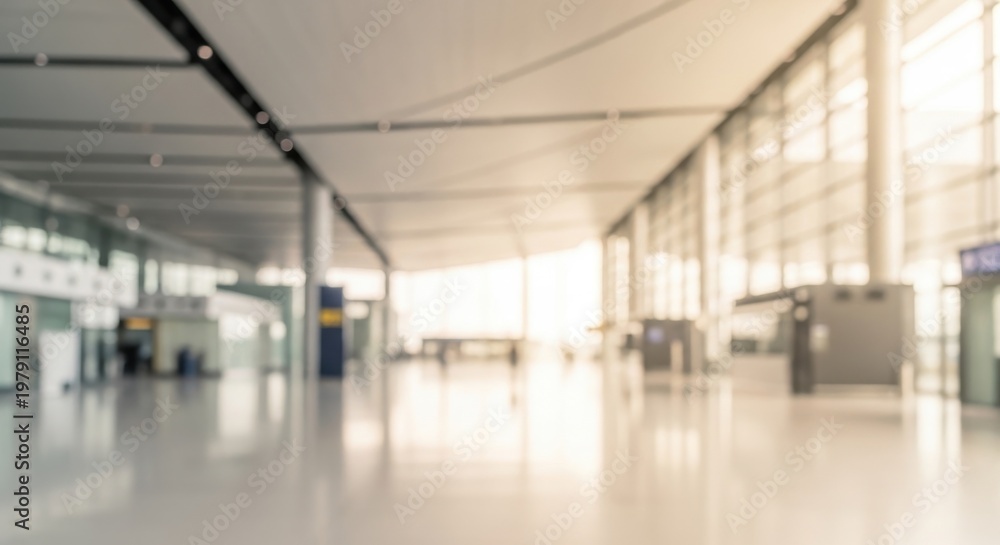 Obraz premium Spacious and modern airport terminal interior with natural light streaming through large windows, creating a bright and airy atmosphere.