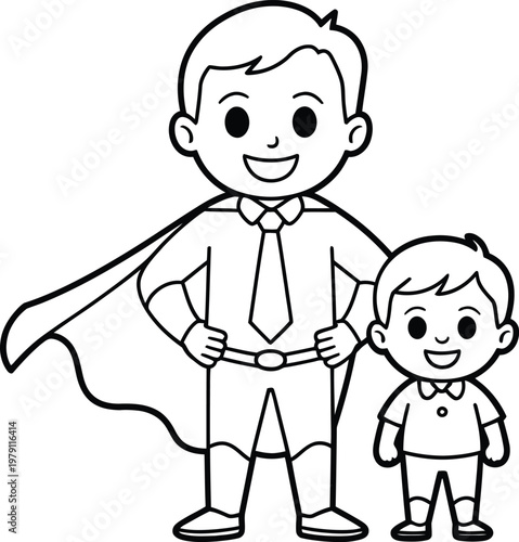 Cartoon father and son dressed as superheroes with capes and ties standing side by side happily
