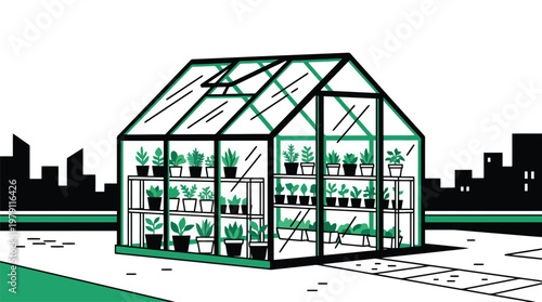 Greenhouse with plants and shelves inside.