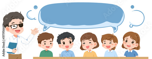 안경을 쓴 남자 선생님이 교실 책상 앞에 앉아 있는 다섯 명의 남녀 학생들에게 열정적으로 수업을 진행하며 상단에 메시지를 입력할 수 있는 넓은 파란색 말풍선이 포함된 귀여운 교육용 벡터 이미지.