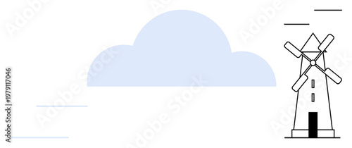 Renewable energy, eco living, sustainability, agriculture, clean technology, rural aesthetics. A minimal windmill next to a soft cloud. Renewable energy and eco living concept