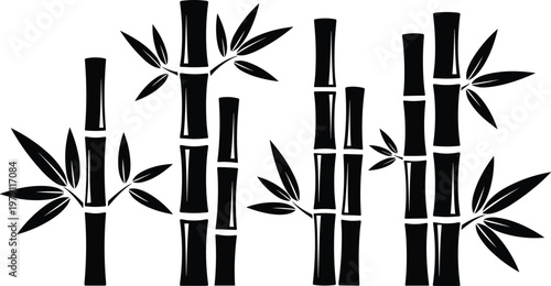 A minimalist black and white illustration depicts several bamboo stalks with leaves creating a serene botanical design high quality professional detailed