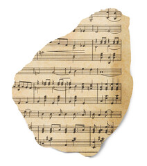 Scrap of old music sheet, vintage yellowed ripped paper with notes isolated. Piece of old torn vintage music sheet.
