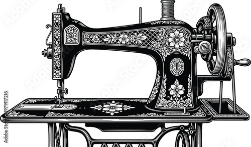 An intricately detailed black and white illustration of a vintage sewing machine with floral embellishments high quality professional modern elegant stylish