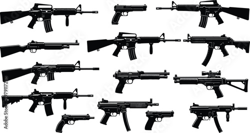 Firearm silhouettes collection with rifles, pistols and shotguns, detailed weapon vector set for military, security and tactical design use