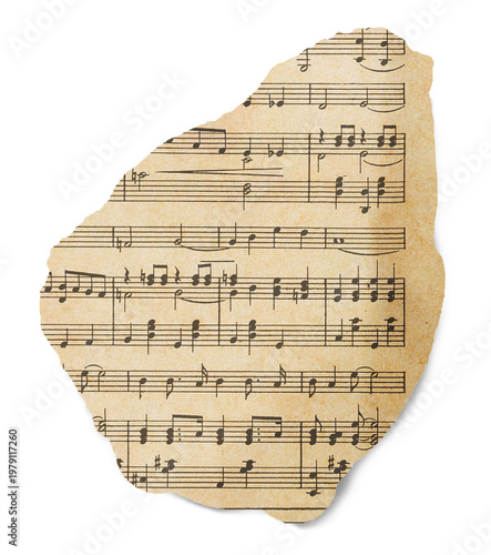 Scrap of old music sheet, vintage yellowed ripped paper with notes isolated. Piece of old torn vintage music sheet.