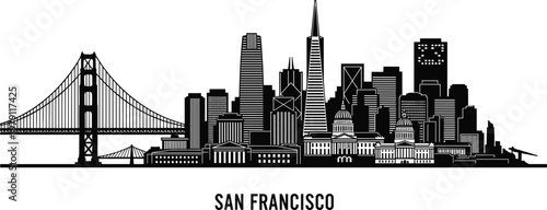 Black and white silhouette of San Francisco skyline featuring Golden Gate Bridge, Transamerica Pyramid, Salesforce Tower, City Hall, and iconic landmarks