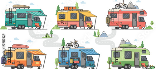 Camper Trailer Vehicles Collection with Travel Caravan Vans Road Trip Adventure Outdoor Lifestyle Flat Vector Illustration Set