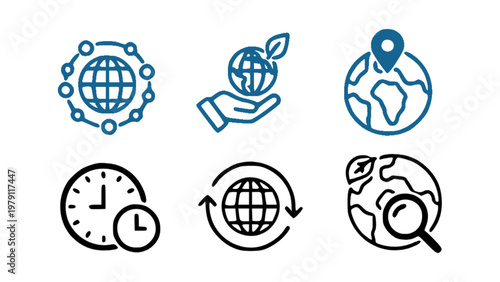 Icons featuring world, time, and global communication concepts. Ideal for international business and travel themes.