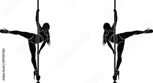 Black mirrored silhouettes of pole dancers performing acrobatic poses with strength, flexibility, and balance in high heels and fitted attire