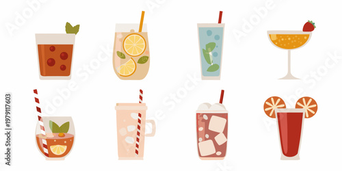 Collection of colorful summer drinks in various glasses and containers