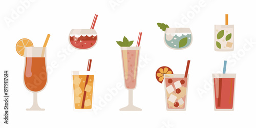 Colorful assortment of illustrated summer cocktails and refreshing beverages
