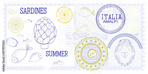 Illustrative collage featuring sardines lemons artichokes and italian coastal themes